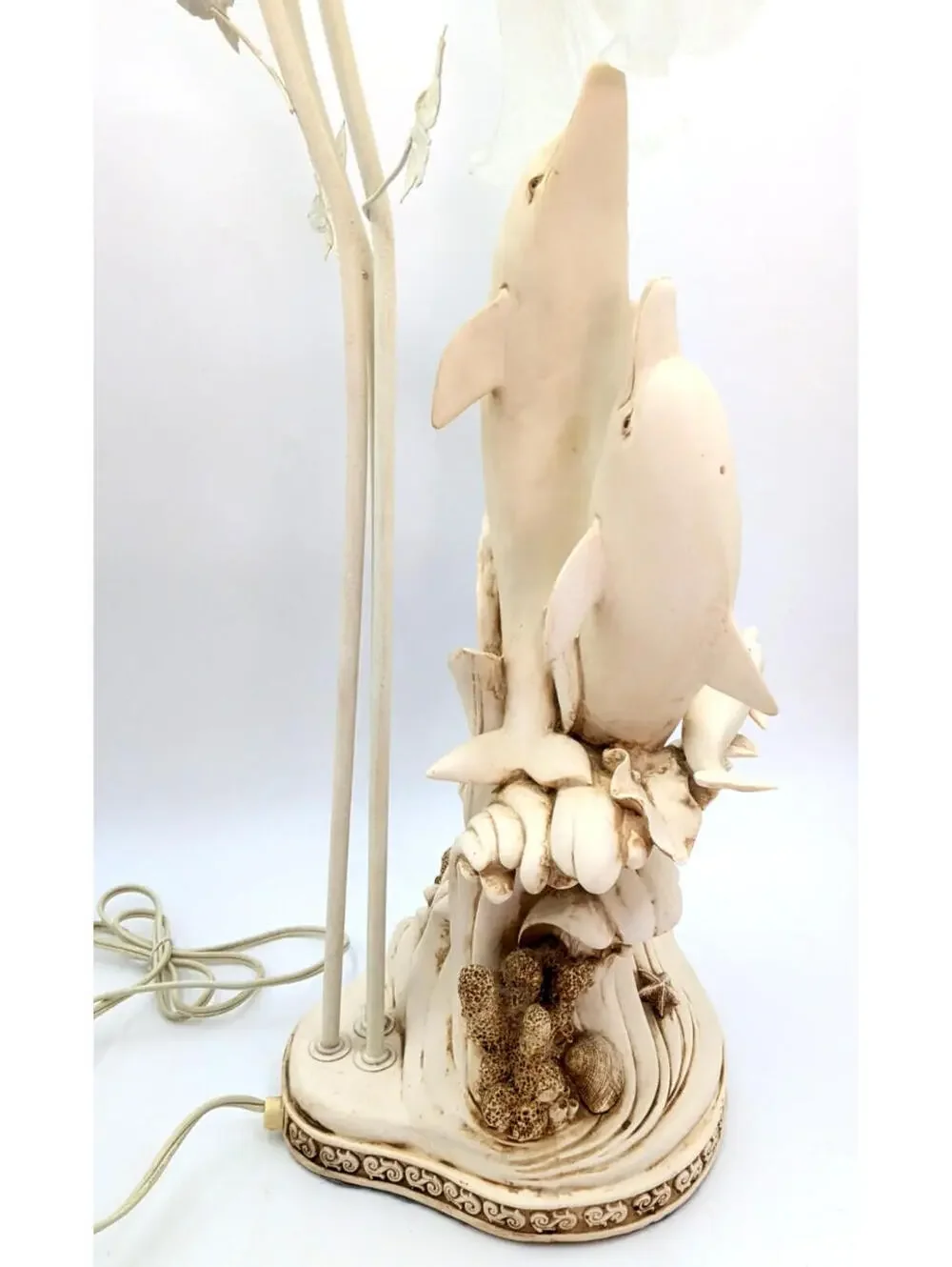 VTG Ceramic Sculpted 3D Dolphins Table Lamp 3 Lights Glass Tulip Shades 30